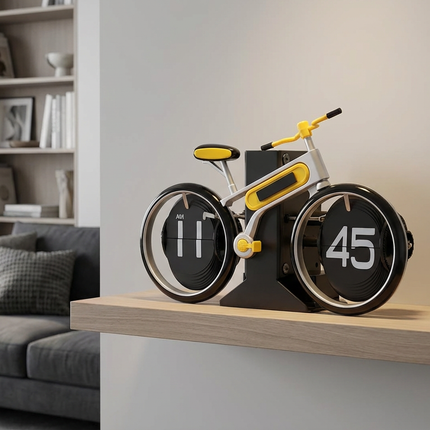 Modern Bicycle Flip Clock – Creative Mechanical Desk Timepiece with Dual Rotating Wheels, Retro Design for Home Office Decor, Compact Size (Yellow).