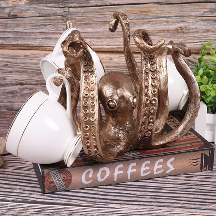 Multi-Functional Octopus Sculpture – Decorative Resin Cup Holder & Jewelry Organizer, Unique Home Accent for Living Room, Office, or Desk (Bronze).