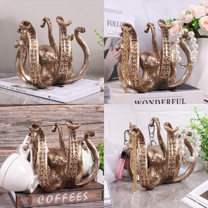 Multi-Functional Octopus Sculpture – Decorative Resin Cup Holder & Jewelry Organizer, Unique Home Accent for Living Room, Office, or Desk (Bronze).