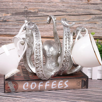 Multi-Functional Octopus Sculpture – Decorative Resin Cup Holder & Jewelry Organizer, Unique Home Accent for Living Room, Office, or Desk (Silver).