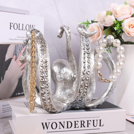 Multi-Functional Octopus Sculpture – Decorative Resin Cup Holder & Jewelry Organizer, Unique Home Accent for Living Room, Office, or Desk (Silver).