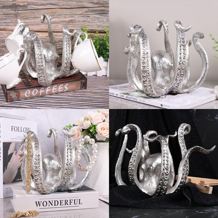 Multi-Functional Octopus Sculpture – Decorative Resin Cup Holder & Jewelry Organizer, Unique Home Accent for Living Room, Office, or Desk (Silver).
