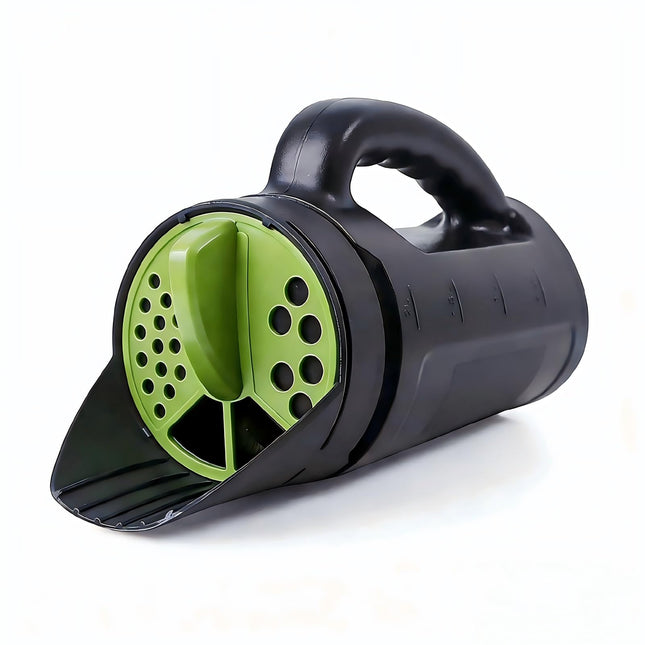 Handheld Garden Seed & Salt Spreader – 80oz Capacity, Adjustable Outlet, Ergonomic Handle for Fertilizer, Grass Seeds, Ice Melt Use (Green).