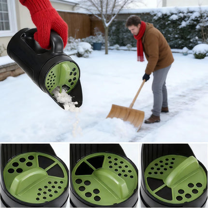 Handheld Garden Seed & Salt Spreader – 80oz Capacity, Adjustable Outlet, Ergonomic Handle for Fertilizer, Grass Seeds, Ice Melt Use (Green).