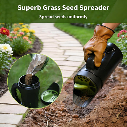 Handheld Garden Seed & Salt Spreader – 80oz Capacity, Adjustable Outlet, Ergonomic Handle for Fertilizer, Grass Seeds, Ice Melt Use (Green).