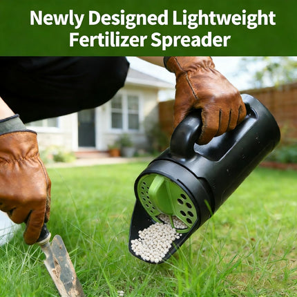 Handheld Garden Seed & Salt Spreader – 80oz Capacity, Adjustable Outlet, Ergonomic Handle for Fertilizer, Grass Seeds, Ice Melt Use (Green).