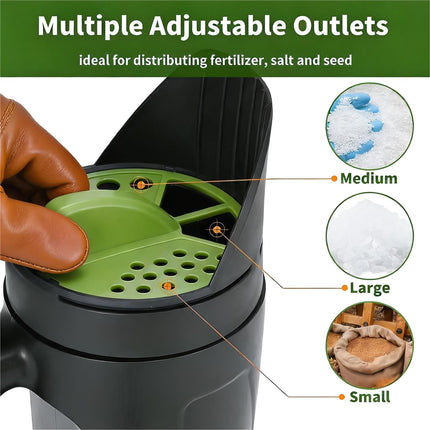 Handheld Garden Seed & Salt Spreader – 80oz Capacity, Adjustable Outlet, Ergonomic Handle for Fertilizer, Grass Seeds, Ice Melt Use (Green).