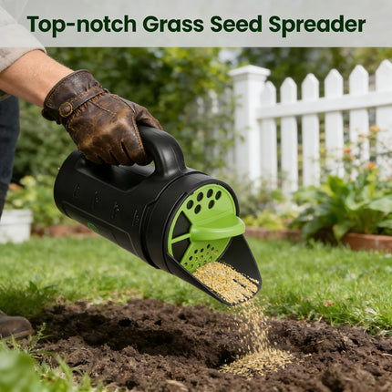 Handheld Garden Seed & Salt Spreader – 80oz Capacity, Adjustable Outlet, Ergonomic Handle for Fertilizer, Grass Seeds, Ice Melt Use (Green).