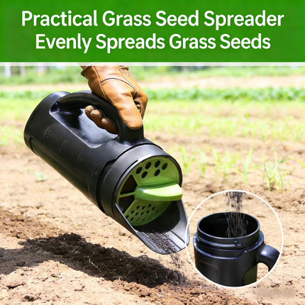 Handheld Garden Seed & Salt Spreader – 80oz Capacity, Adjustable Outlet, Ergonomic Handle for Fertilizer, Grass Seeds, Ice Melt Use (Green).
