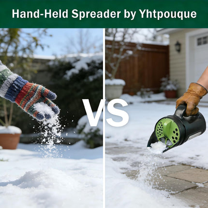 Handheld Garden Seed & Salt Spreader – 80oz Capacity, Adjustable Outlet, Ergonomic Handle for Fertilizer, Grass Seeds, Ice Melt Use (Green).