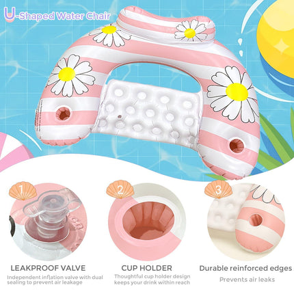 Daisy Inflatable Pool Floats 2-Pack for Adults: U-Shaped Lounge Chairs with Cup Holders, Portable for Pool, Beach, Summer Fun.