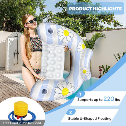 Daisy Inflatable Pool Floats 2-Pack for Adults: U-Shaped Lounge Chairs with Cup Holders, Portable for Pool, Beach, Summer Fun.