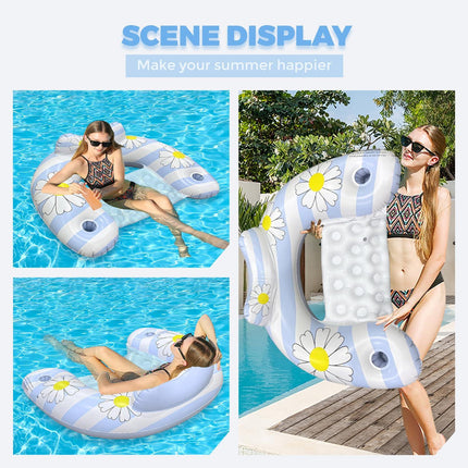 Daisy Inflatable Pool Floats 2-Pack for Adults: U-Shaped Lounge Chairs with Cup Holders, Portable for Pool, Beach, Summer Fun.