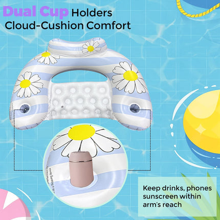 Daisy Inflatable Pool Floats 2-Pack for Adults: U-Shaped Lounge Chairs with Cup Holders, Portable for Pool, Beach, Summer Fun.