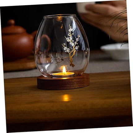 Chinese-Style Glass Candle Holder with Plum Blossom Design: 12×8cm, Windproof, Retro Zen Decor for Romantic Dinners & Home Ambiance.