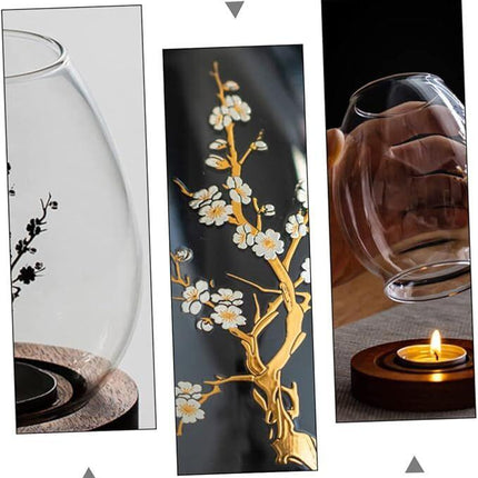 Chinese-Style Glass Candle Holder with Plum Blossom Design: 12×8cm, Windproof, Retro Zen Decor for Romantic Dinners & Home Ambiance.