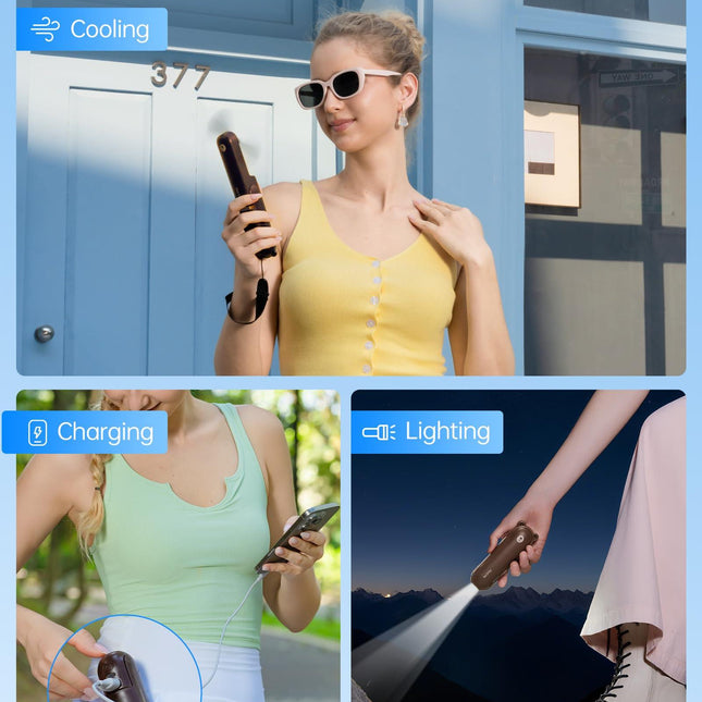 Handheld Mini Fan (Brown), 3-in-1 USB Rechargeable Portable Fan with Power Bank & Flashlight, Pocket Design for Travel & Summer.