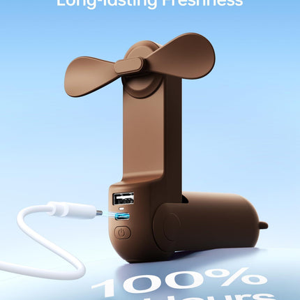Handheld Mini Fan (Brown), 3-in-1 USB Rechargeable Portable Fan with Power Bank & Flashlight, Pocket Design for Travel & Summer.