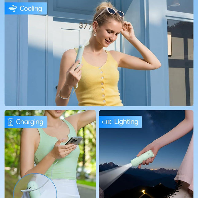 Handheld Mini Fan (Green), 3-in-1 USB Rechargeable Portable Fan with Power Bank & Flashlight, Pocket Design for Travel & Summer.