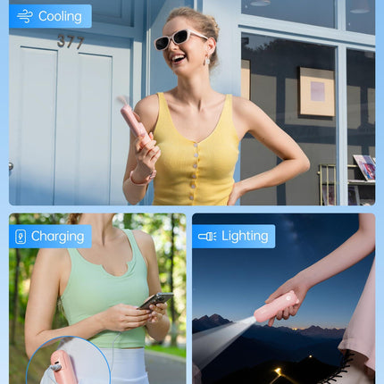 Handheld Mini Fan (Pink), 3-in-1 USB Rechargeable Portable Fan with Power Bank & Flashlight, Pocket Design for Travel & Summer.