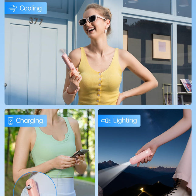Handheld Mini Fan (Pink), 3-in-1 USB Rechargeable Portable Fan with Power Bank & Flashlight, Pocket Design for Travel & Summer.