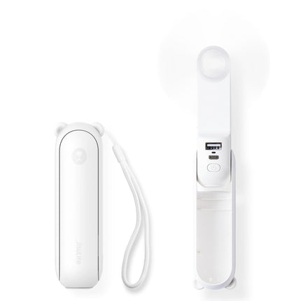 Handheld Mini Fan (White), 3-in-1 USB Rechargeable Portable Fan with Power Bank & Flashlight, Pocket Design for Travel & Summer.