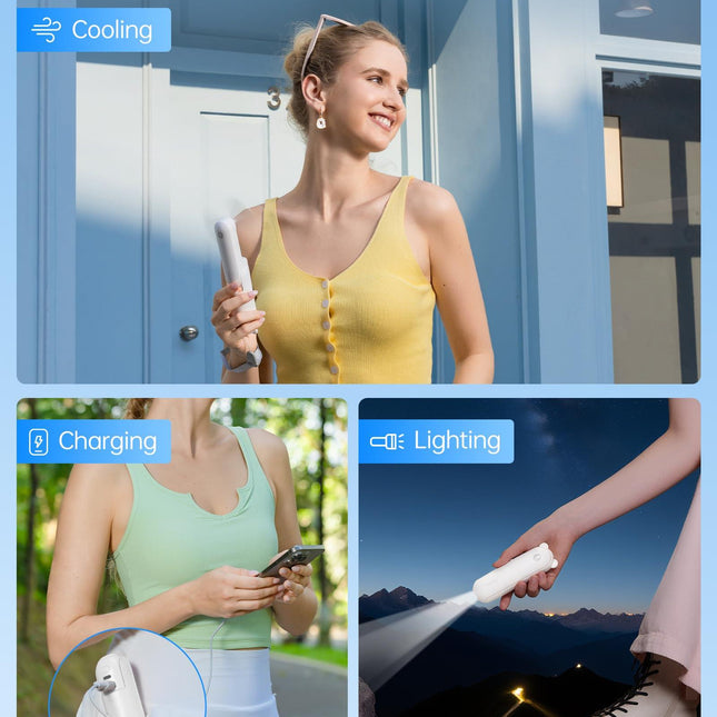 Handheld Mini Fan (White), 3-in-1 USB Rechargeable Portable Fan with Power Bank & Flashlight, Pocket Design for Travel & Summer.