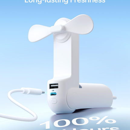 Handheld Mini Fan (White), 3-in-1 USB Rechargeable Portable Fan with Power Bank & Flashlight, Pocket Design for Travel & Summer.