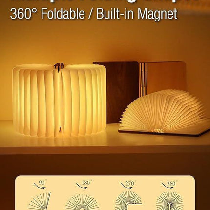 Christmas giftsRechargeable LED Book Night Light: Creative Folding Wooden Lamp with Magnetic Design for Bedrooms & Gifting(Walnut Black,S).