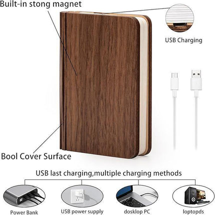 Christmas giftsRechargeable LED Book Night Light: Creative Folding Wooden Lamp with Magnetic Design for Bedrooms & Gifting(Walnut Black,S).