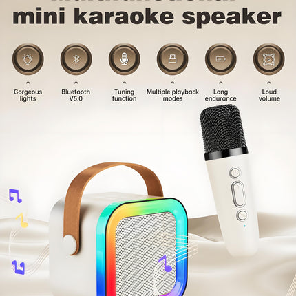 Off-White Mini Karaoke Machine with 2 Wireless Microphones: Portable Bluetooth Speaker for Kids & Adults, Ideal Gift for All Occasions.