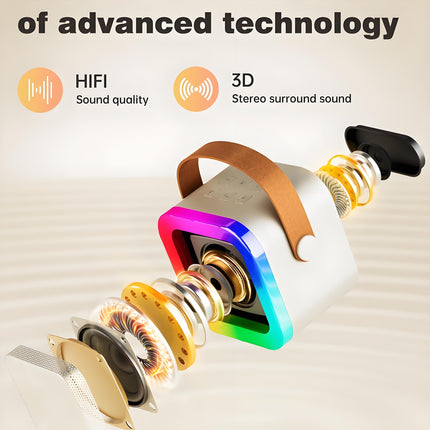 Off-White Mini Karaoke Machine with 2 Wireless Microphones: Portable Bluetooth Speaker for Kids & Adults, Ideal Gift for All Occasions.