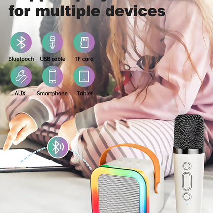 Off-White Mini Karaoke Machine with 2 Wireless Microphones: Portable Bluetooth Speaker for Kids & Adults, Ideal Gift for All Occasions.