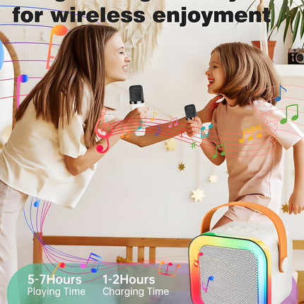 Off-White Mini Karaoke Machine with 2 Wireless Microphones: Portable Bluetooth Speaker for Kids & Adults, Ideal Gift for All Occasions.