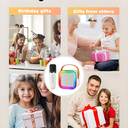 Off-White Mini Karaoke Machine with 2 Wireless Microphones: Portable Bluetooth Speaker for Kids & Adults, Ideal Gift for All Occasions.