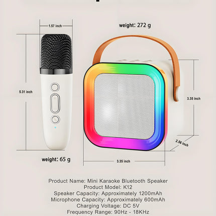 Off-White Mini Karaoke Machine with 2 Wireless Microphones: Portable Bluetooth Speaker for Kids & Adults, Ideal Gift for All Occasions.
