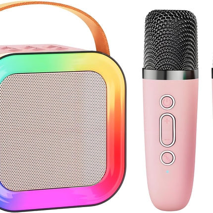 Pink Mini Karaoke Machine with 2 Wireless Microphones: Portable Bluetooth Speaker for Kids & Adults, Ideal Gift for All Occasions.