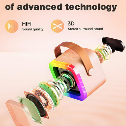 Pink Mini Karaoke Machine with 2 Wireless Microphones: Portable Bluetooth Speaker for Kids & Adults, Ideal Gift for All Occasions.