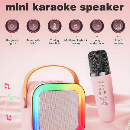 Pink Mini Karaoke Machine with 2 Wireless Microphones: Portable Bluetooth Speaker for Kids & Adults, Ideal Gift for All Occasions.