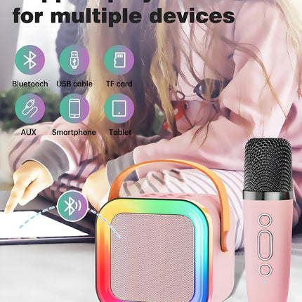 Pink Mini Karaoke Machine with 2 Wireless Microphones: Portable Bluetooth Speaker for Kids & Adults, Ideal Gift for All Occasions.