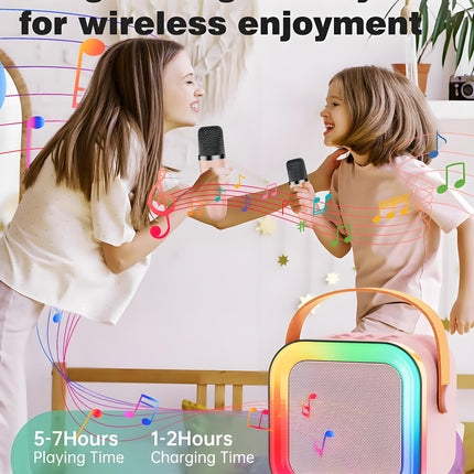 Pink Mini Karaoke Machine with 2 Wireless Microphones: Portable Bluetooth Speaker for Kids & Adults, Ideal Gift for All Occasions.