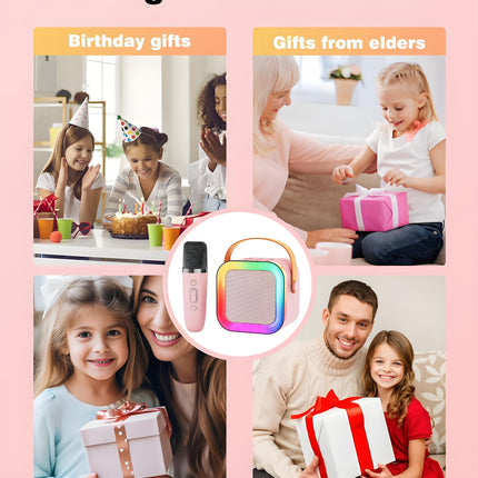 Pink Mini Karaoke Machine with 2 Wireless Microphones: Portable Bluetooth Speaker for Kids & Adults, Ideal Gift for All Occasions.