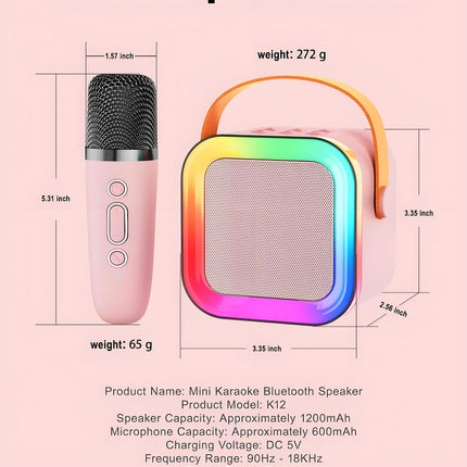 Pink Mini Karaoke Machine with 2 Wireless Microphones: Portable Bluetooth Speaker for Kids & Adults, Ideal Gift for All Occasions.