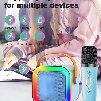 Black Mini Karaoke Machine with 2 Wireless Microphones: Portable Bluetooth Speaker for Kids & Adults, Ideal Gift for All Occasions.