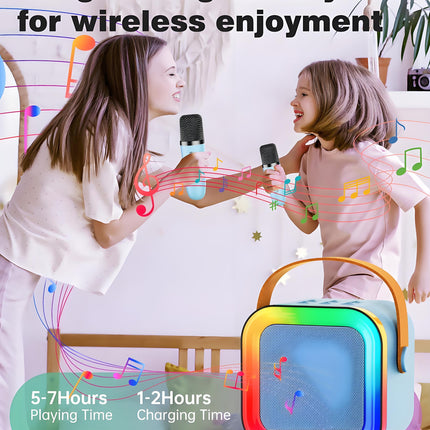 Black Mini Karaoke Machine with 2 Wireless Microphones: Portable Bluetooth Speaker for Kids & Adults, Ideal Gift for All Occasions.