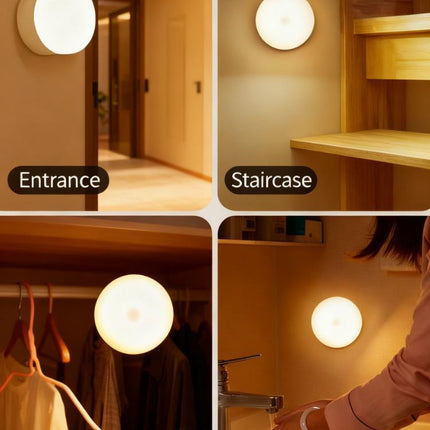 Motion Sensor LED Night Light, 86mm Diameter Smart Induction Lamp with USB Charging & Magnetic Mount, Long-Lasting Battery.
