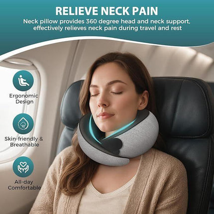 Travel Neck Pillows for Airplanes - 360° Ergonomic Memory Foam Travel Pillow - Relief Neck Pain with Breathable Support for Long Flights, Car, Train & Office Use - Adults & Kids.