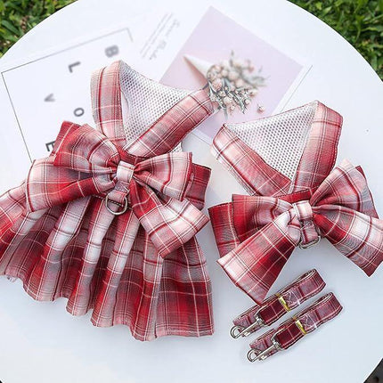 pet products Dog Dress Bowknot Harness Leash Set for Small Dogs Girl Cute Plaid Dog Dress Pearls Bow Tie Spring Summer Princess Clothes Birthday Holiday Doggie Outfits for Puppy Cats Girl Apparel.