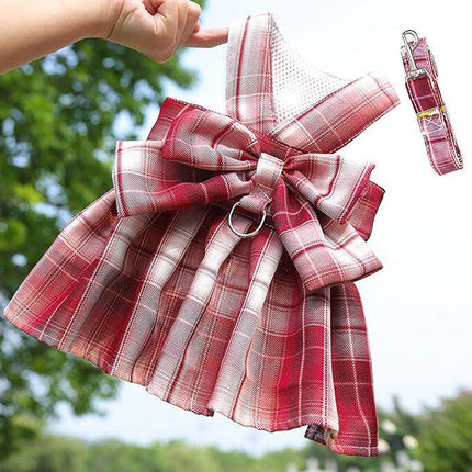 pet products Dog Dress Bowknot Harness Leash Set for Small Dogs Girl Cute Plaid Dog Dress Pearls Bow Tie Spring Summer Princess Clothes Birthday Holiday Doggie Outfits for Puppy Cats Girl Apparel.