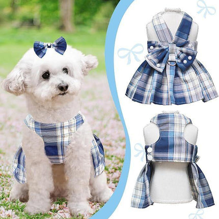 pet products Dog Dress Bowknot Harness Leash Set for Small Dogs Girl Cute Plaid Dog Dress Pearls Bow Tie Spring Summer Princess Clothes Birthday Holiday Doggie Outfits for Puppy Cats Girl Apparel.